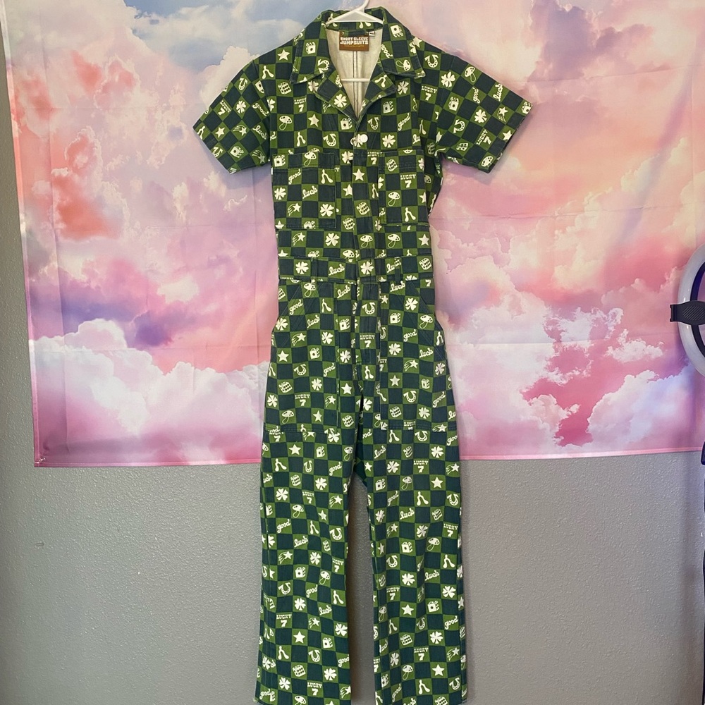 Big Bud Press Green Checkerboard Short-Sleeve Jumpsuit